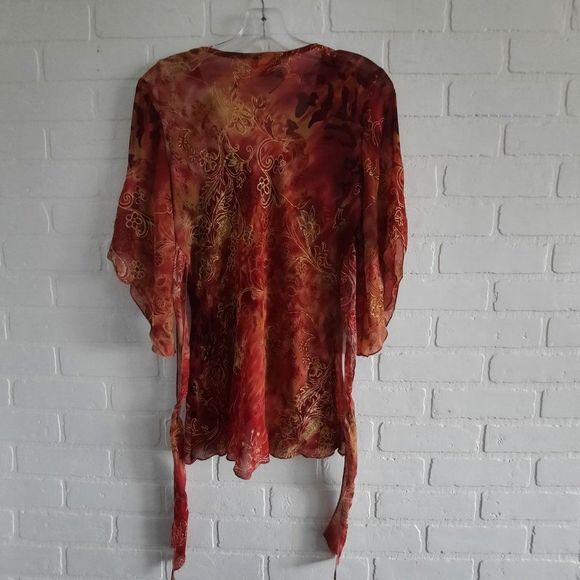 Laura Petites Rust tones Gold Glitter Semi Sheer Layered Tie Back Blouse Small P - Picture 7 of 11